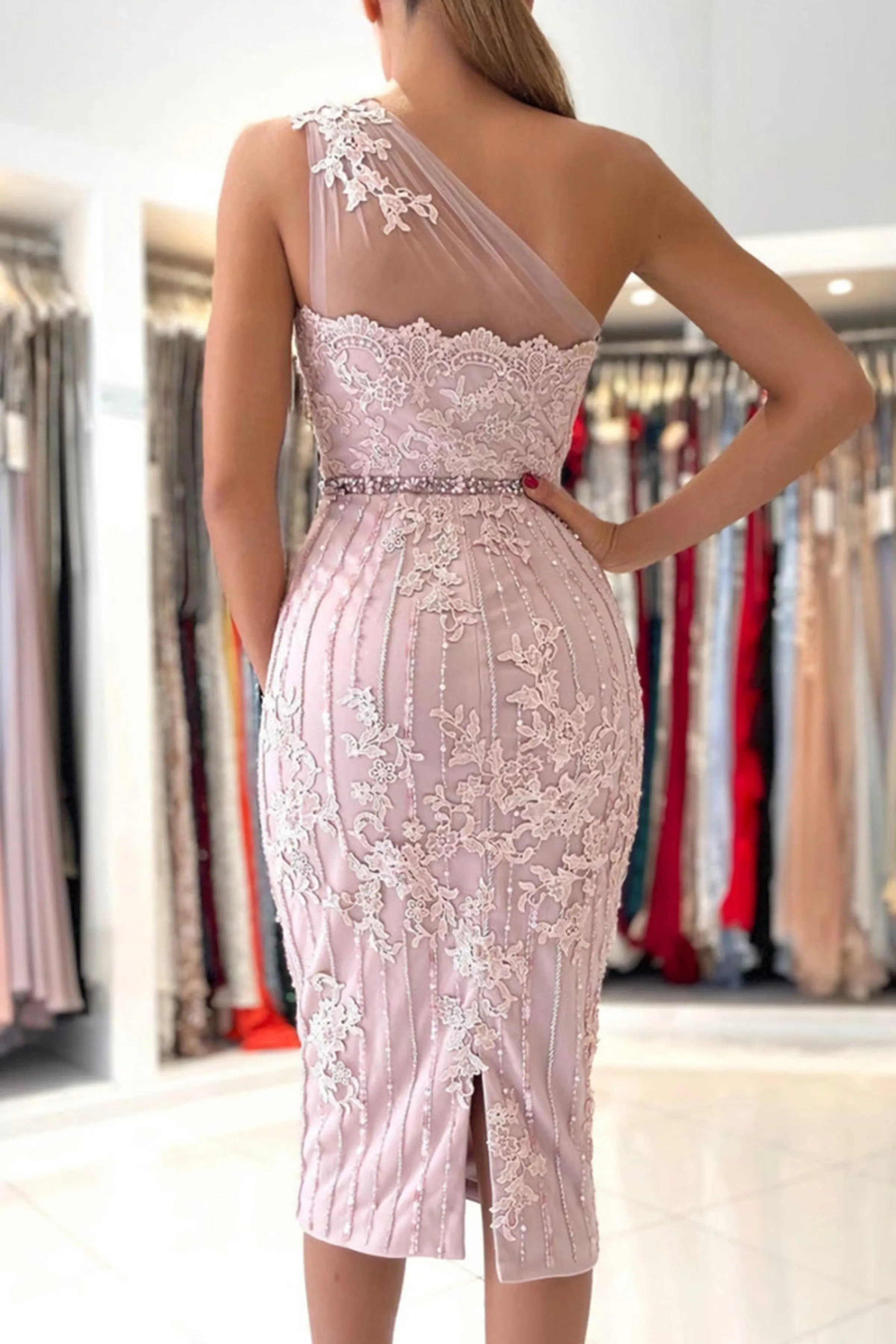 One Shoulder Mermaid Pink Lace Evening Dress, Mermaid Pink Cocktail Dress, Short Pink Lace Formal Dress