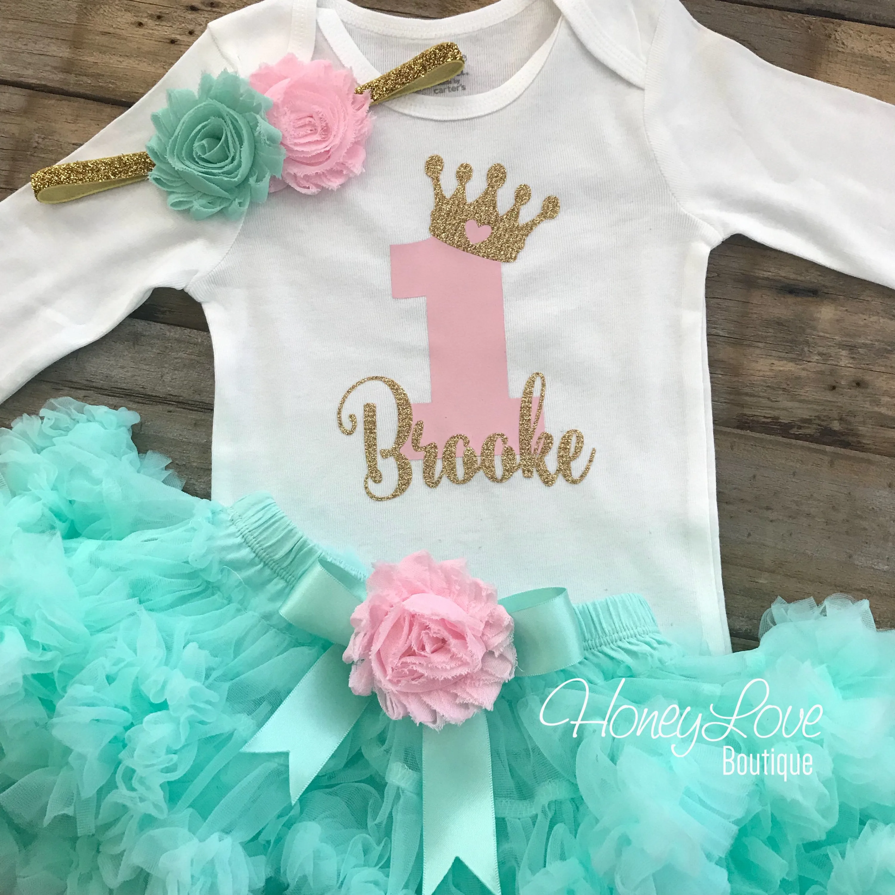 Personalized 1st Birthday Princess Outfit - Gold Glitter, Light Pink and Mint/Aqua - embellished pettiskirt