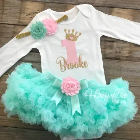 Personalized 1st Birthday Princess Outfit - Gold Glitter, Light Pink and Mint/Aqua - embellished pettiskirt