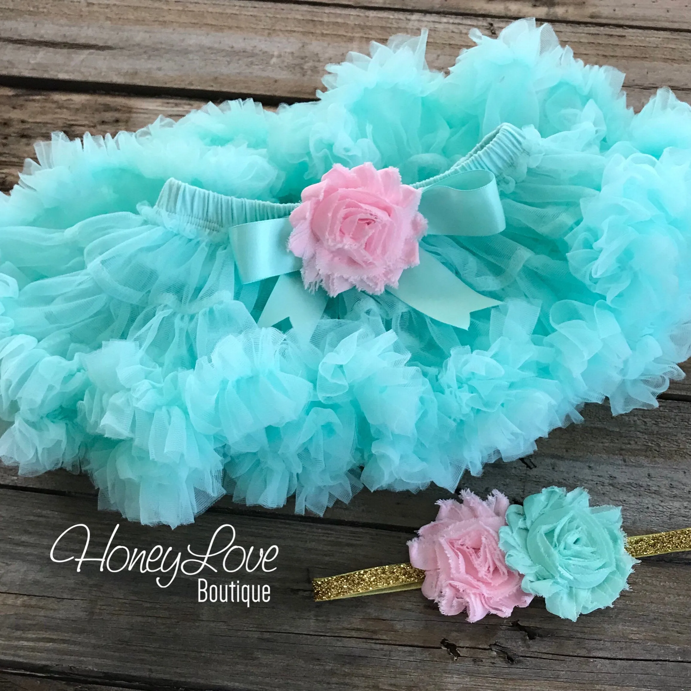 Personalized 1st Birthday Princess Outfit - Gold Glitter, Light Pink and Mint/Aqua - embellished pettiskirt