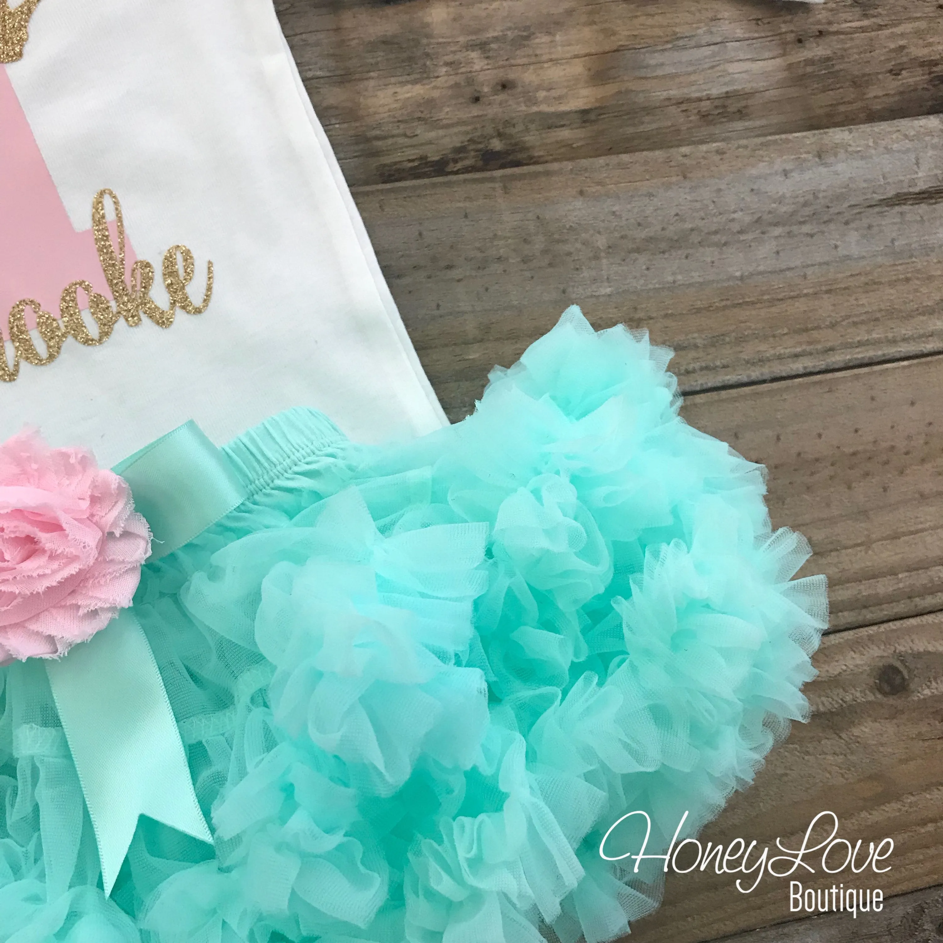 Personalized 1st Birthday Princess Outfit - Gold Glitter, Light Pink and Mint/Aqua - embellished pettiskirt