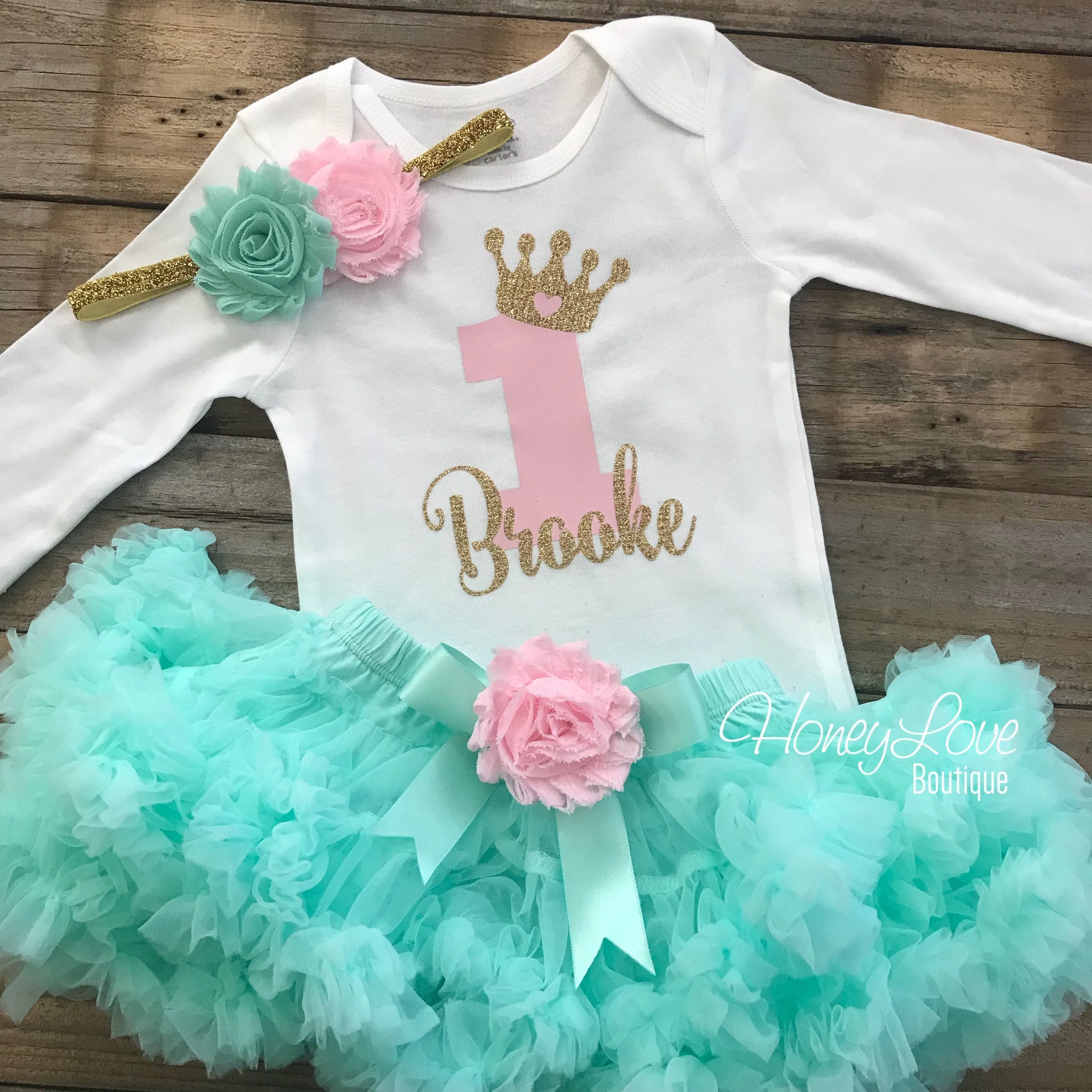Personalized 1st Birthday Princess Outfit - Gold Glitter, Light Pink and Mint/Aqua - embellished pettiskirt