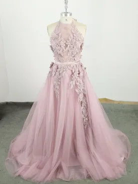 Pink High Neck Tulle Lace Applique Long Prom Dress Pink Evening Dress