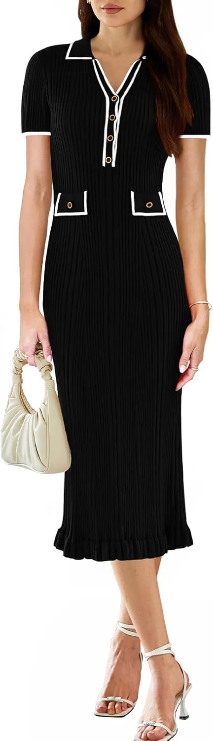 Pink Queen Women's Elegant Bodycon Dress 2025 Short Sleeve V Neck Half Button Cocktail Party Ribbed Knit Long Sweater Dress