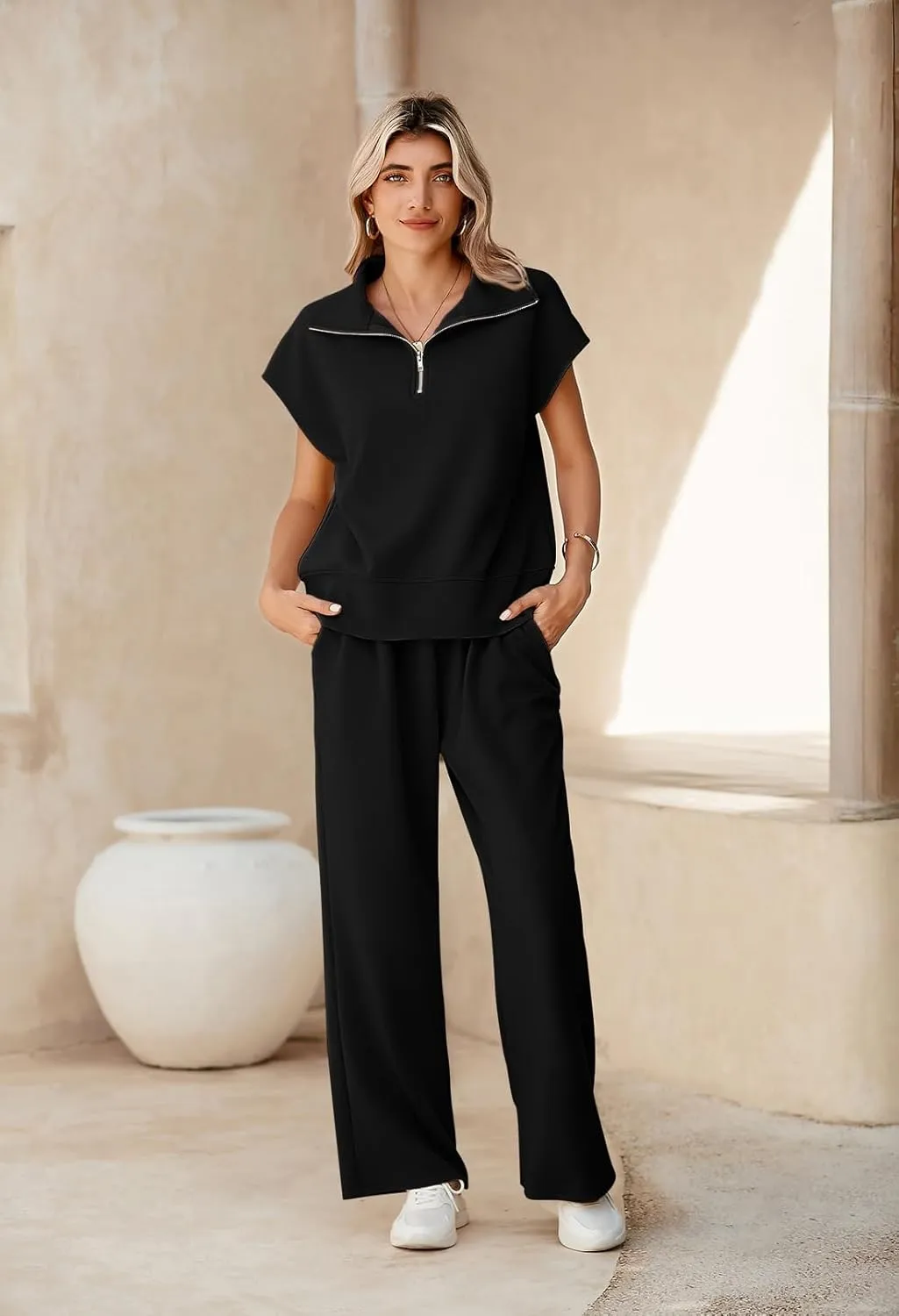 Pink Queen Womens Two Piece Outfits Sleeveless Pullover Tops and Wide Leg Pants Half Zip Jogger Lounge Sets
