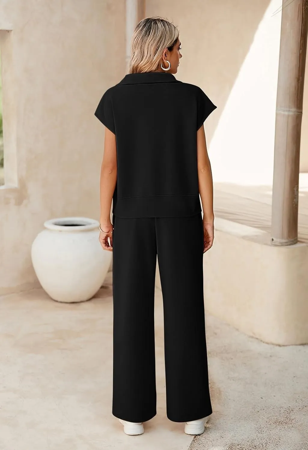 Pink Queen Womens Two Piece Outfits Sleeveless Pullover Tops and Wide Leg Pants Half Zip Jogger Lounge Sets