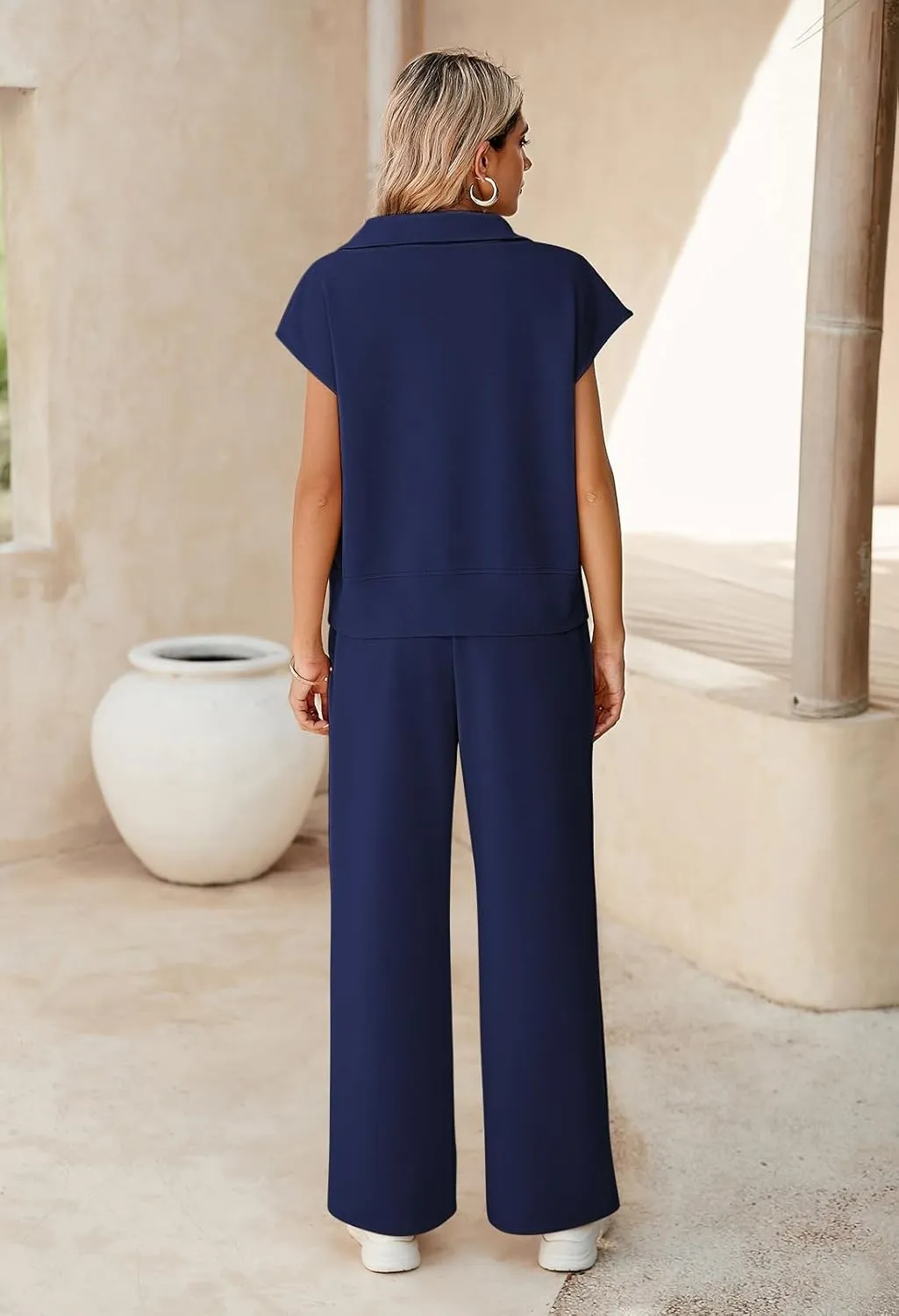 Pink Queen Womens Two Piece Outfits Sleeveless Pullover Tops and Wide Leg Pants Half Zip Jogger Lounge Sets
