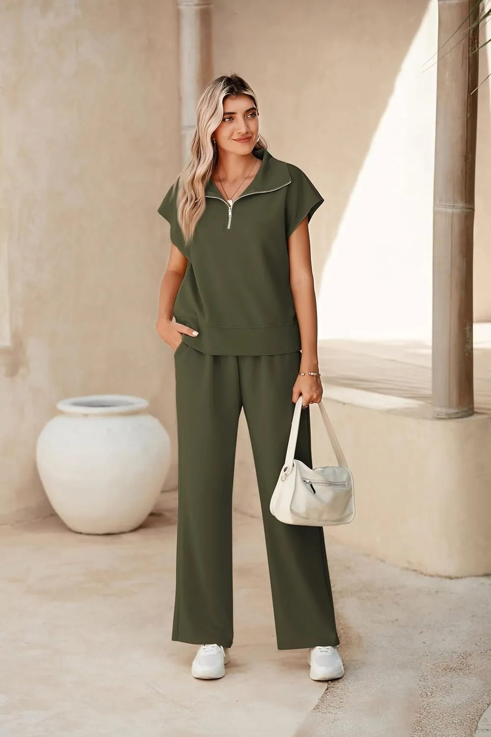 Pink Queen Womens Two Piece Outfits Sleeveless Pullover Tops and Wide Leg Pants Half Zip Jogger Lounge Sets