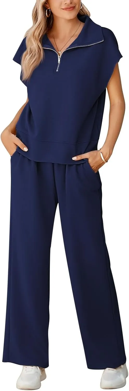 Pink Queen Womens Two Piece Outfits Sleeveless Pullover Tops and Wide Leg Pants Half Zip Jogger Lounge Sets