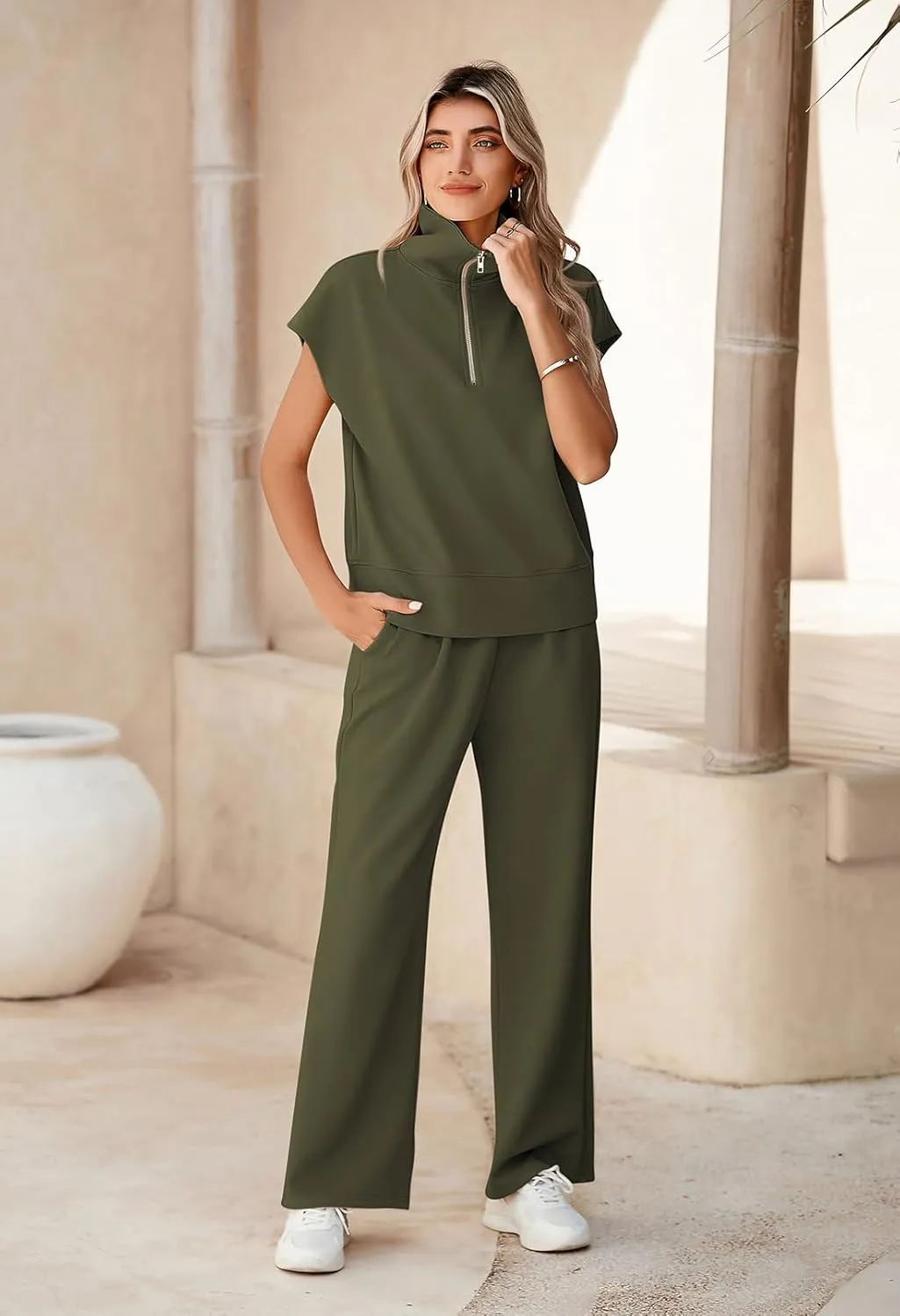 Pink Queen Womens Two Piece Outfits Sleeveless Pullover Tops and Wide Leg Pants Half Zip Jogger Lounge Sets