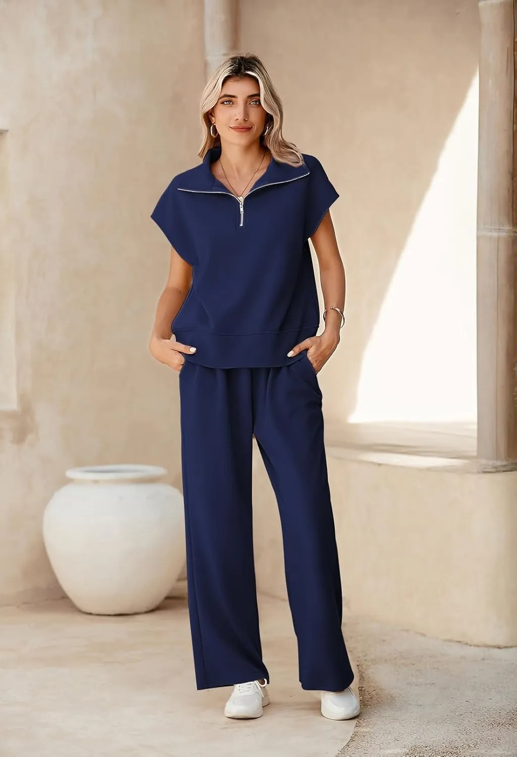 Pink Queen Womens Two Piece Outfits Sleeveless Pullover Tops and Wide Leg Pants Half Zip Jogger Lounge Sets