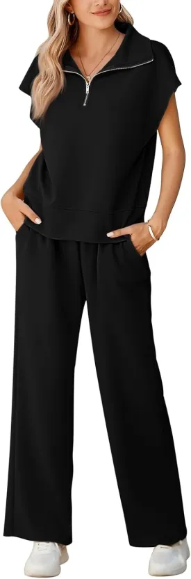 Pink Queen Womens Two Piece Outfits Sleeveless Pullover Tops and Wide Leg Pants Half Zip Jogger Lounge Sets