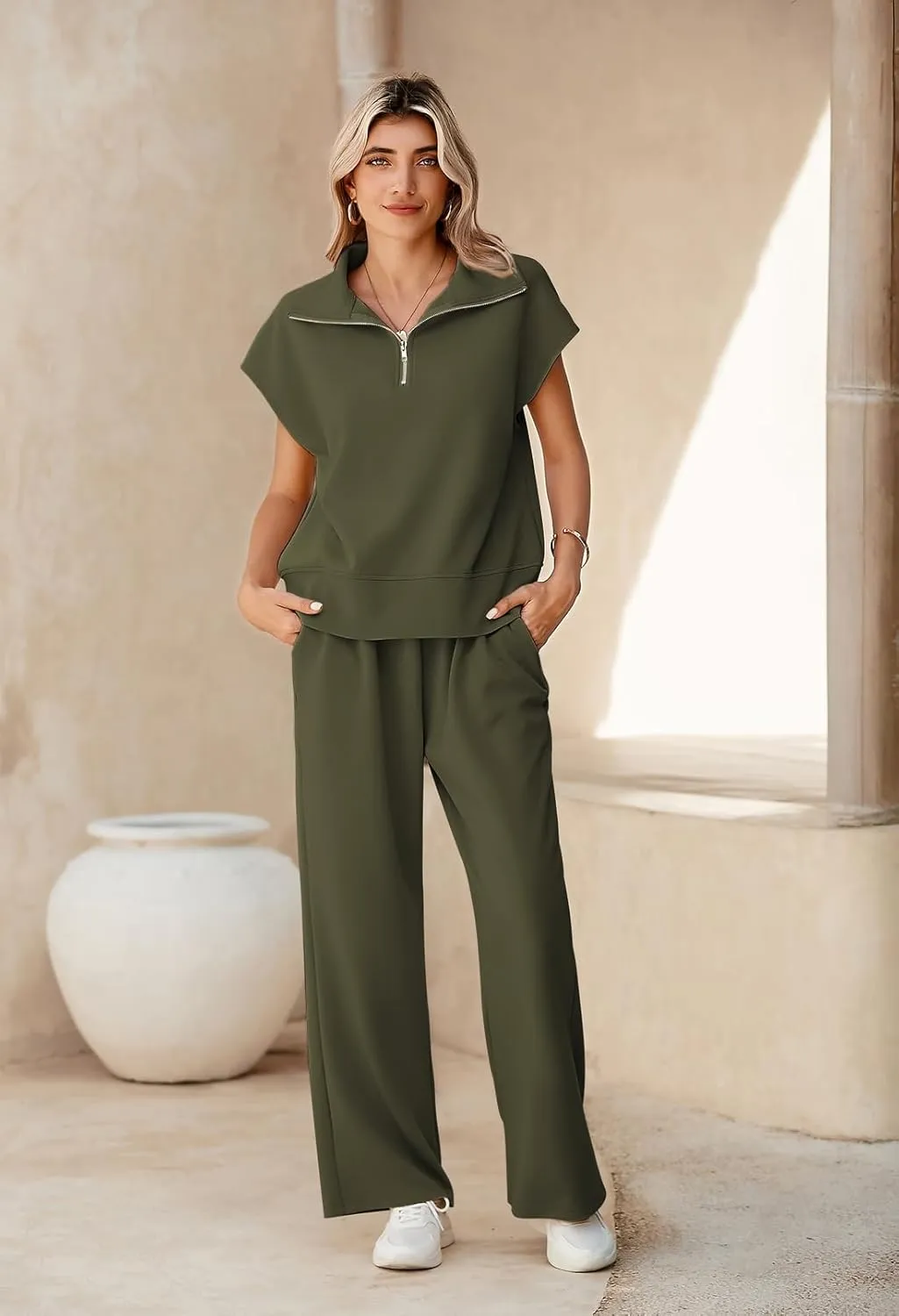 Pink Queen Womens Two Piece Outfits Sleeveless Pullover Tops and Wide Leg Pants Half Zip Jogger Lounge Sets