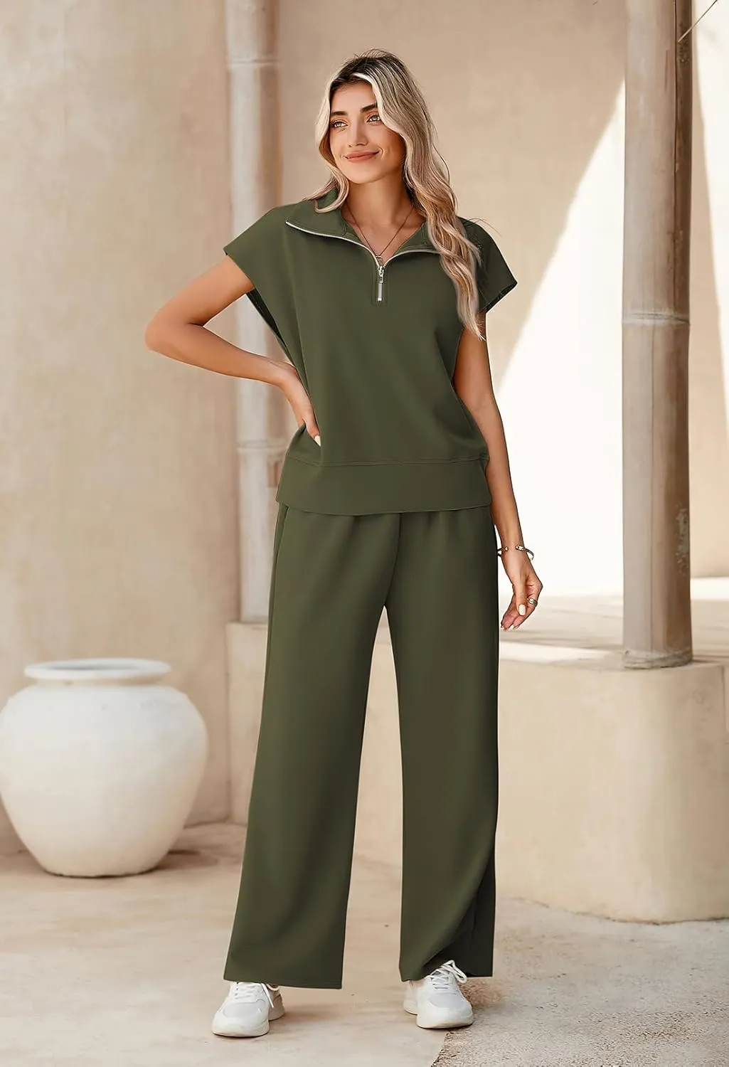 Pink Queen Womens Two Piece Outfits Sleeveless Pullover Tops and Wide Leg Pants Half Zip Jogger Lounge Sets