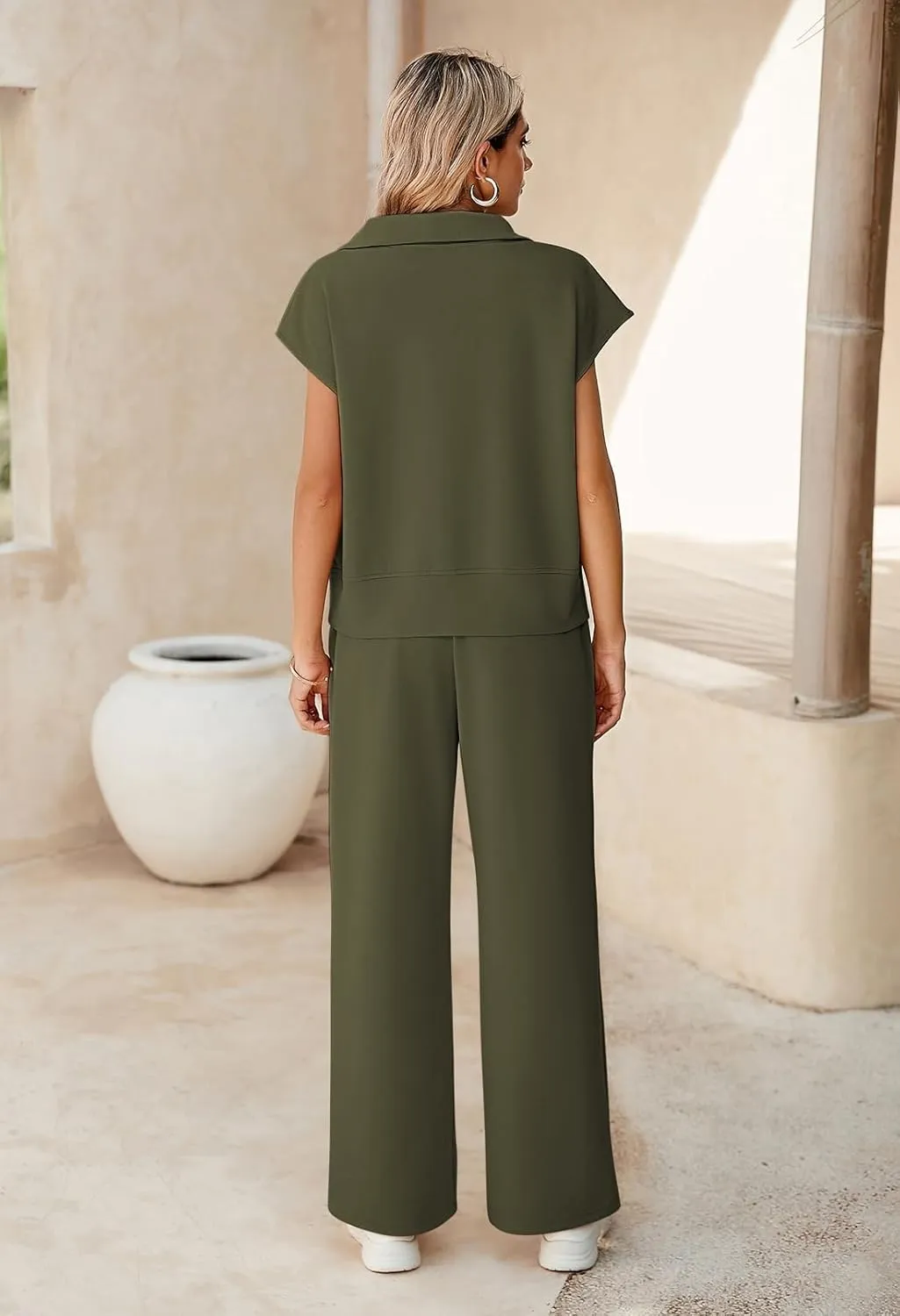 Pink Queen Womens Two Piece Outfits Sleeveless Pullover Tops and Wide Leg Pants Half Zip Jogger Lounge Sets