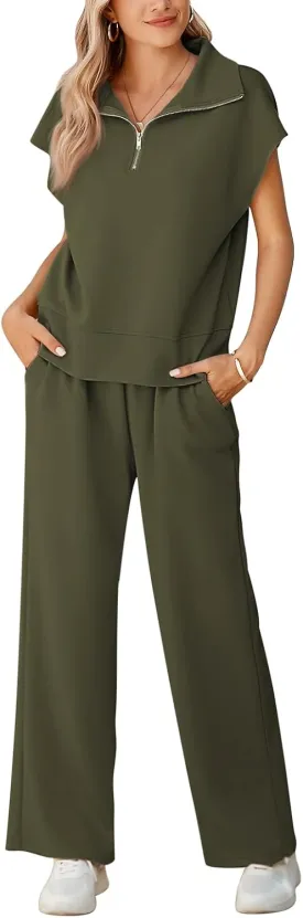 Pink Queen Womens Two Piece Outfits Sleeveless Pullover Tops and Wide Leg Pants Half Zip Jogger Lounge Sets