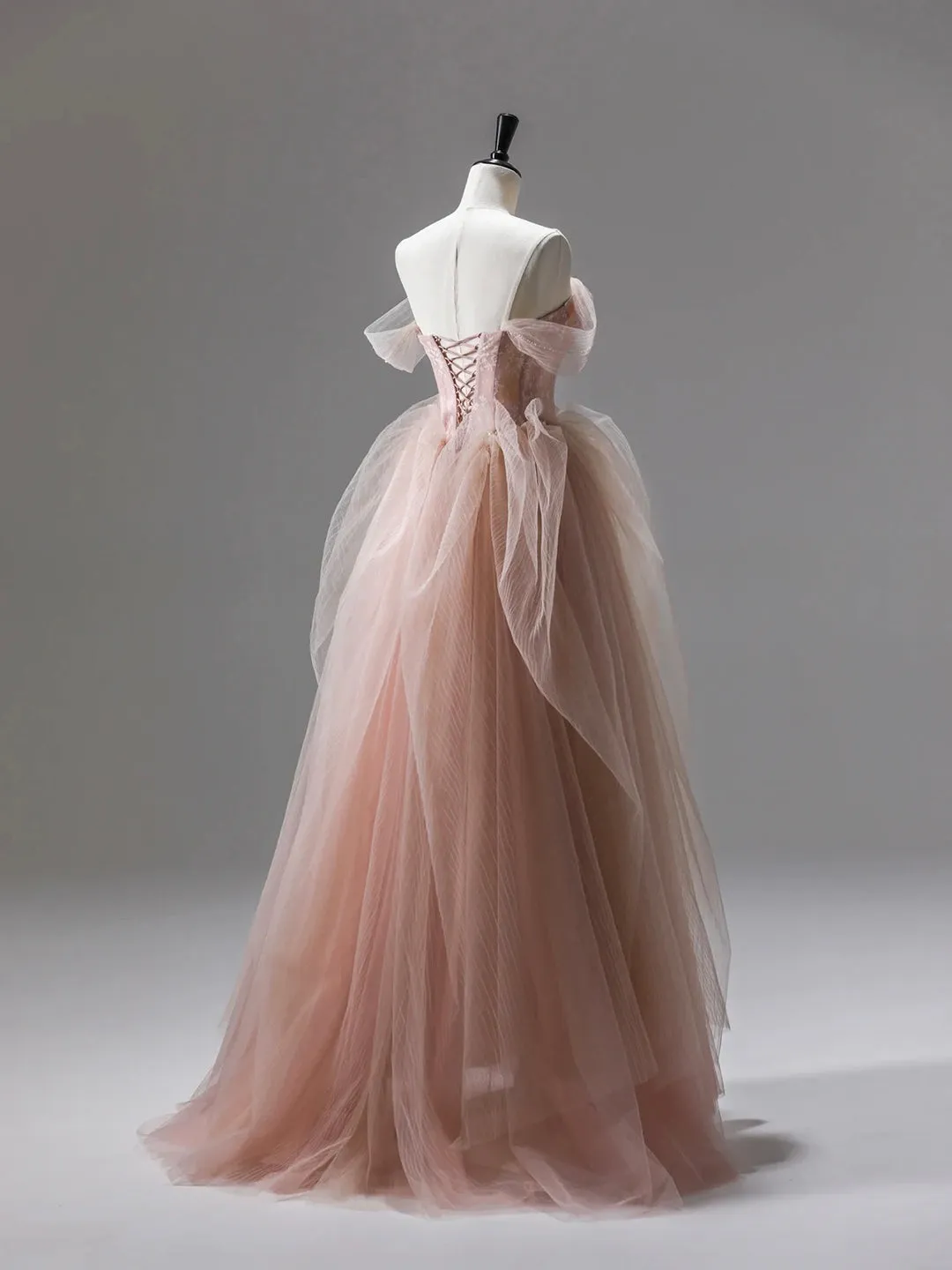 Pink Tulle Lace Long Prom Dress Beautiful A-Line Evening Party Dress