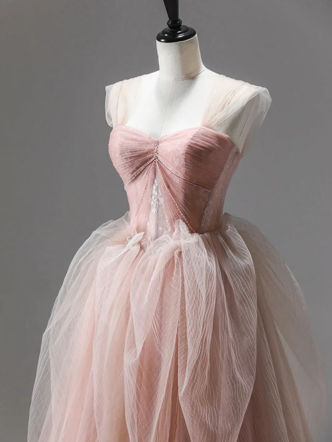 Pink Tulle Lace Long Prom Dress Beautiful A-Line Evening Party Dress