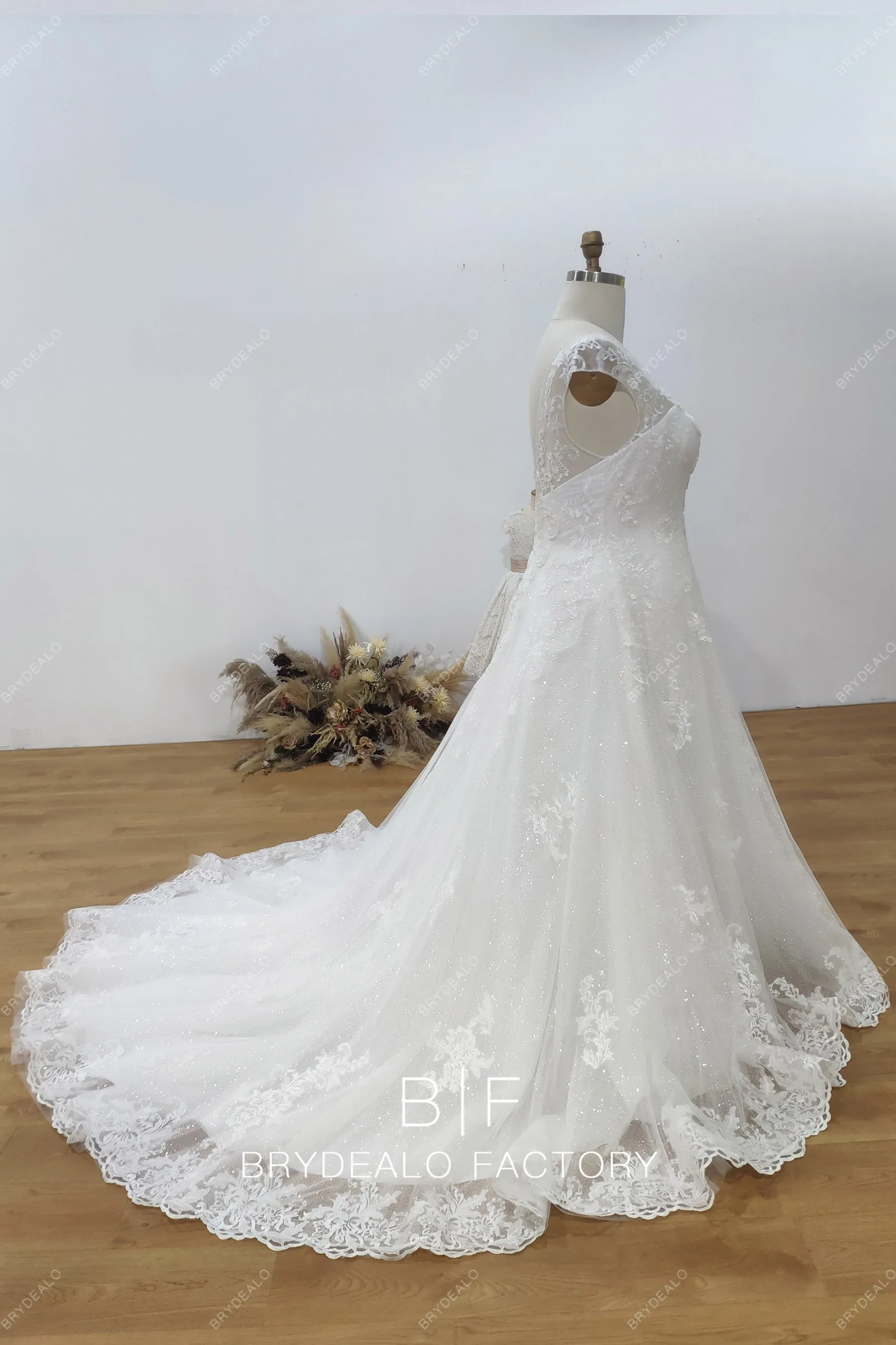 Plus Size Designer Lace Glitter Modern Ball Gown Wedding Dress