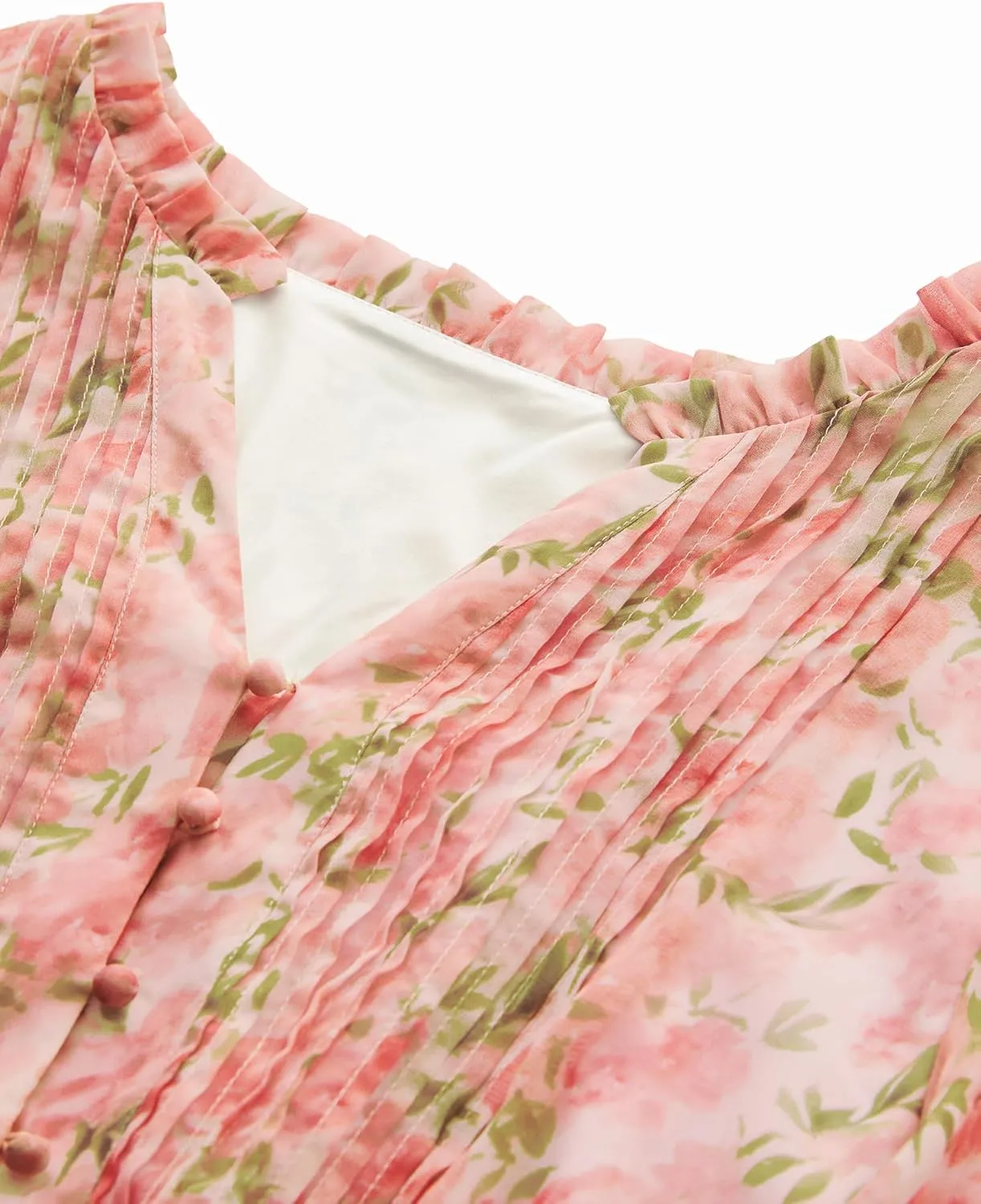 Plus Size Pink Floral Dress for Curvy Women V Neck Short Sleeves High Waisted Boho Midi Dress with Pockets