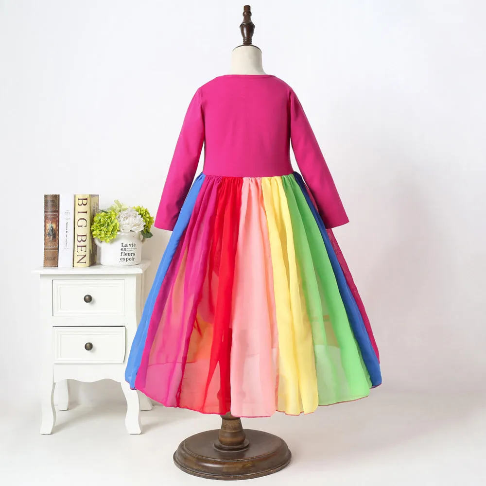 Popular Foreign Trade Children's Dress Autumn and Winter Long Sleeves Rainbow Mesh Dress Girl's Rainbow Printing Princess Dress