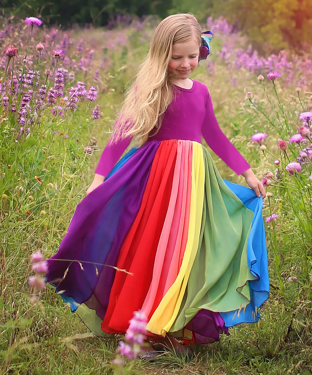 Popular Foreign Trade Children's Dress Autumn and Winter Long Sleeves Rainbow Mesh Dress Girl's Rainbow Printing Princess Dress