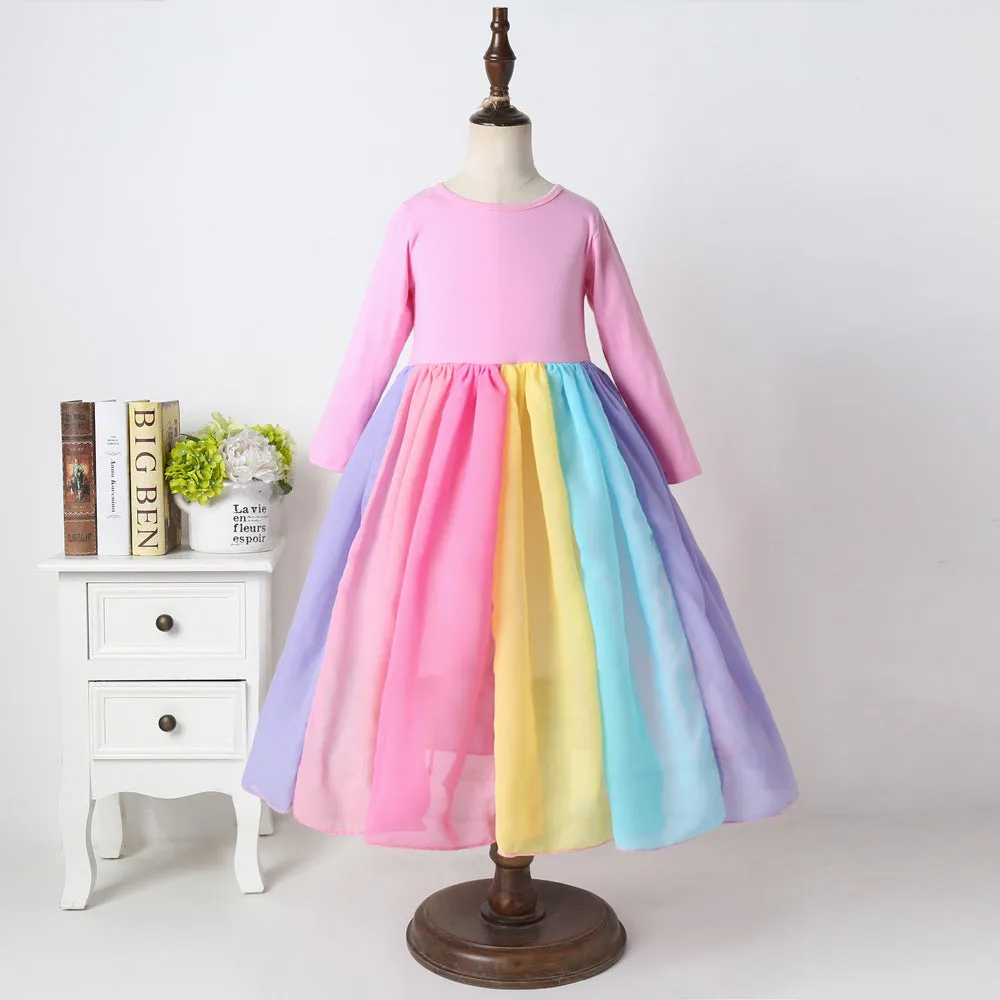 Popular Foreign Trade Children's Dress Autumn and Winter Long Sleeves Rainbow Mesh Dress Girl's Rainbow Printing Princess Dress