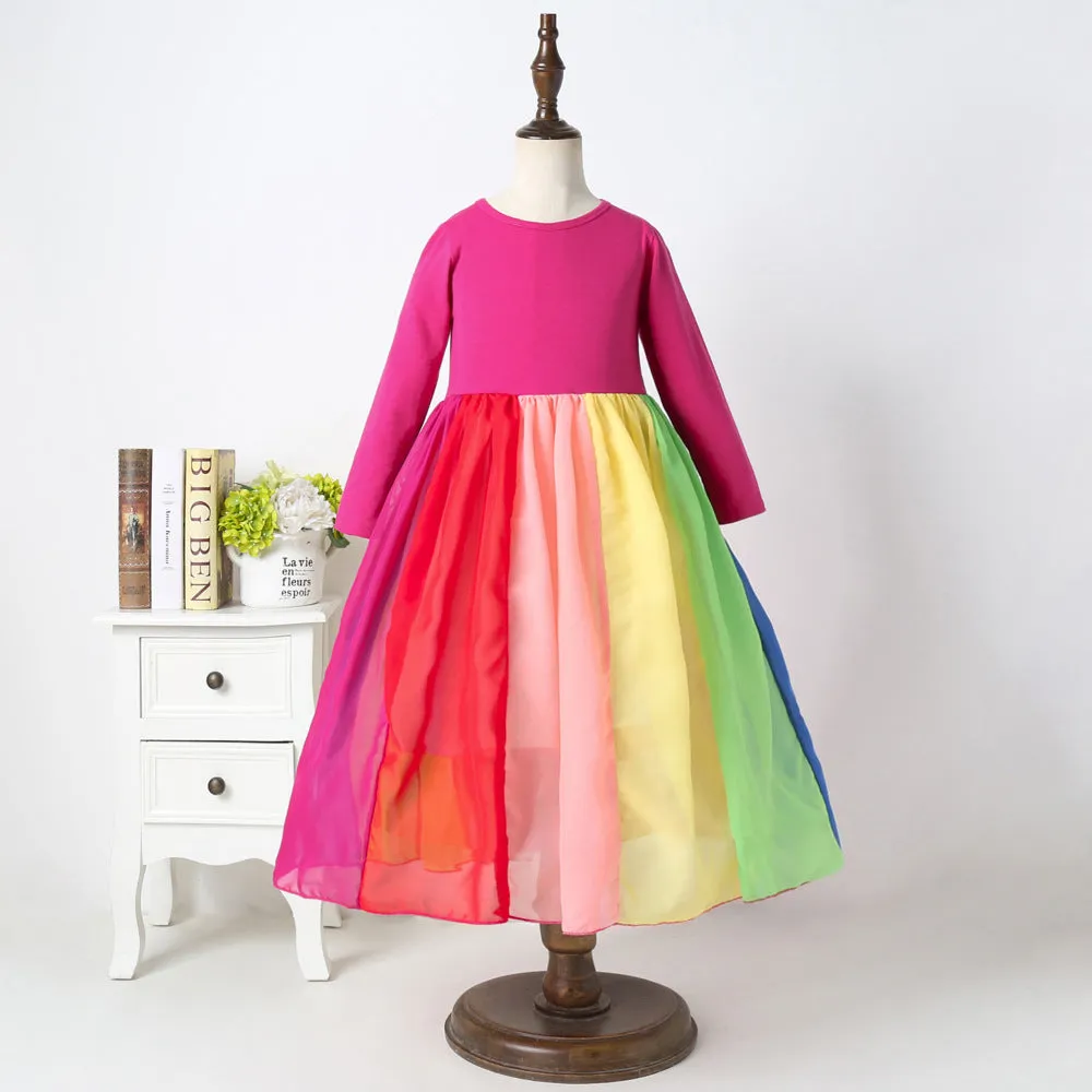 Popular Foreign Trade Children's Dress Autumn and Winter Long Sleeves Rainbow Mesh Dress Girl's Rainbow Printing Princess Dress