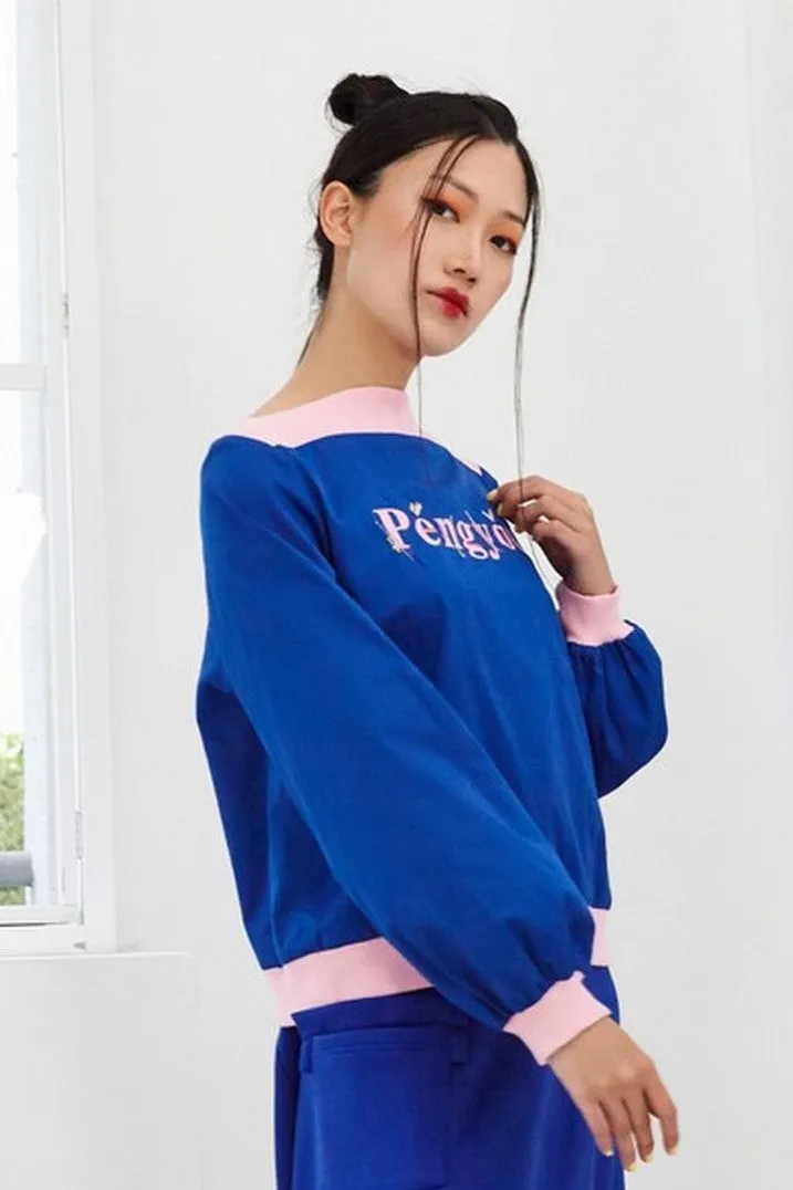 Pre-Order BLUE COTTON WITH 'PENGYOU' SILK SCREEN PRINT WITH PINK RIB KNIT - LONG SLEEVE SHIRT - BLUE