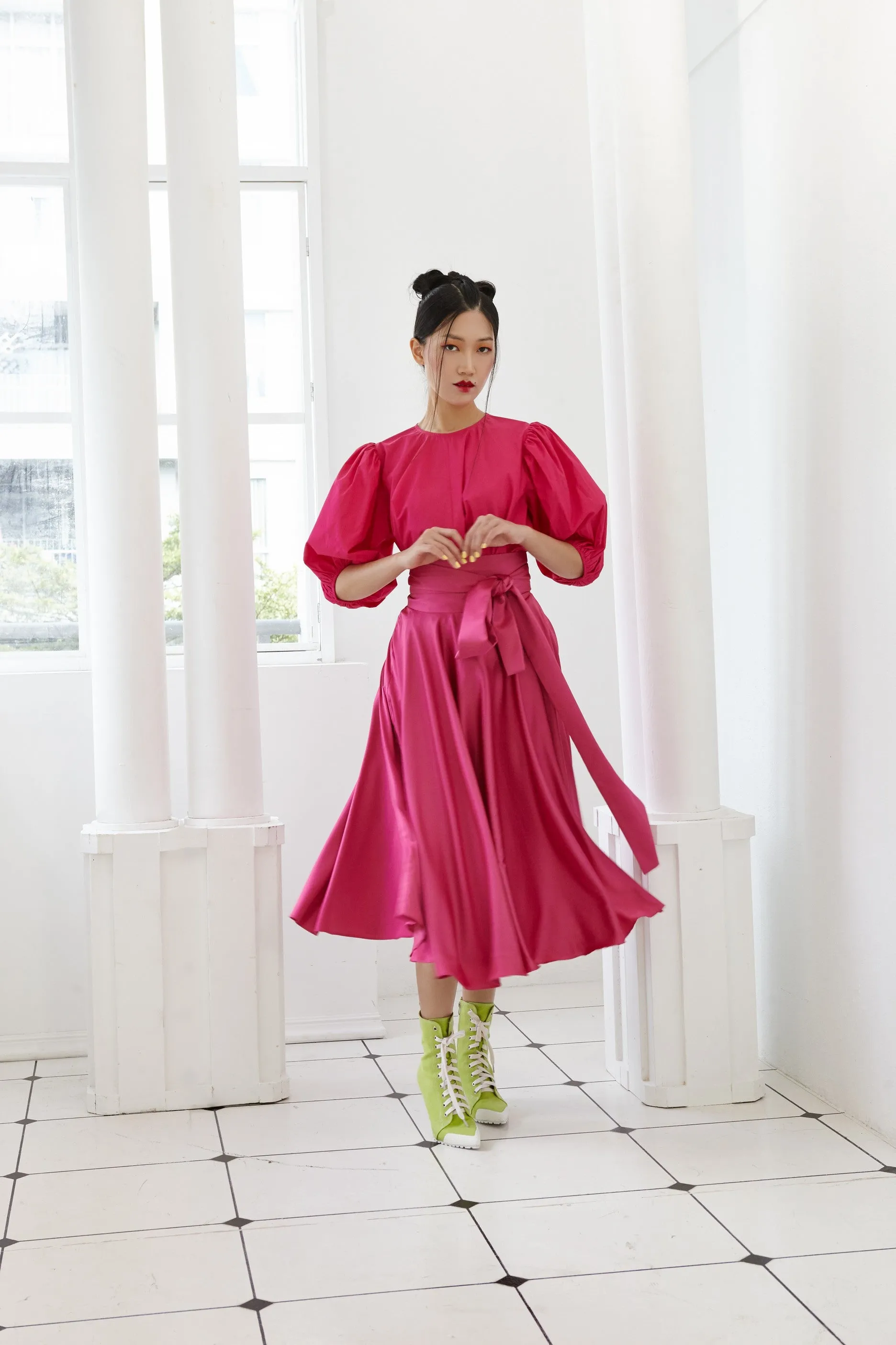 Pre-Order HOT PINK COTTON - OVERSIZED FLARE TOP WITH GATHERED SLEEVE AND BELT - FUCHSIA