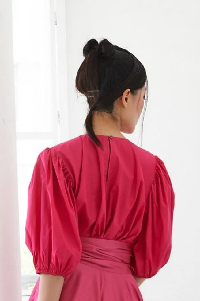 Pre-Order HOT PINK COTTON - OVERSIZED FLARE TOP WITH GATHERED SLEEVE AND BELT - FUCHSIA