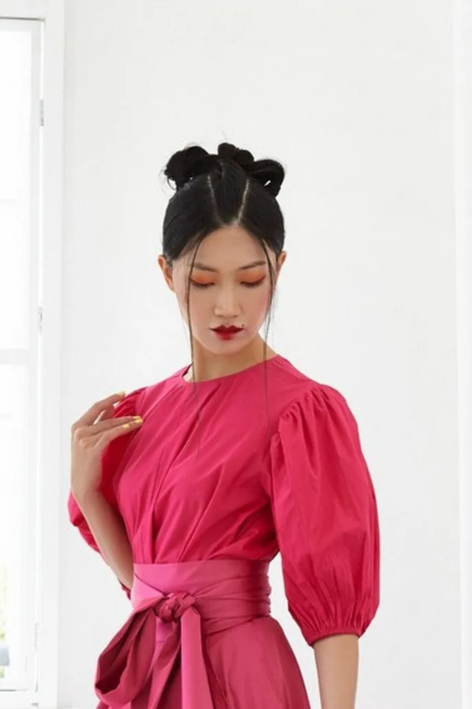 Pre-Order HOT PINK COTTON - OVERSIZED FLARE TOP WITH GATHERED SLEEVE AND BELT - FUCHSIA