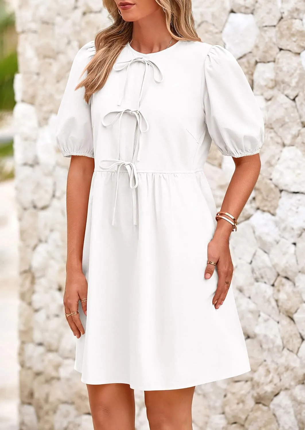 PRETTYGARDEN Womens 2025 Summer Casual Short Sleeve Dresses A Line Bow Tie Front Babydoll Loose Cute Mini Dress with Pockets