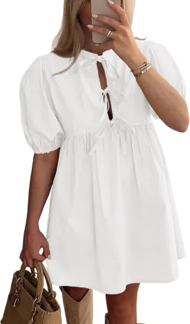 PRETTYGARDEN Womens 2025 Summer Casual Short Sleeve Dresses A Line Bow Tie Front Babydoll Loose Cute Mini Dress with Pockets