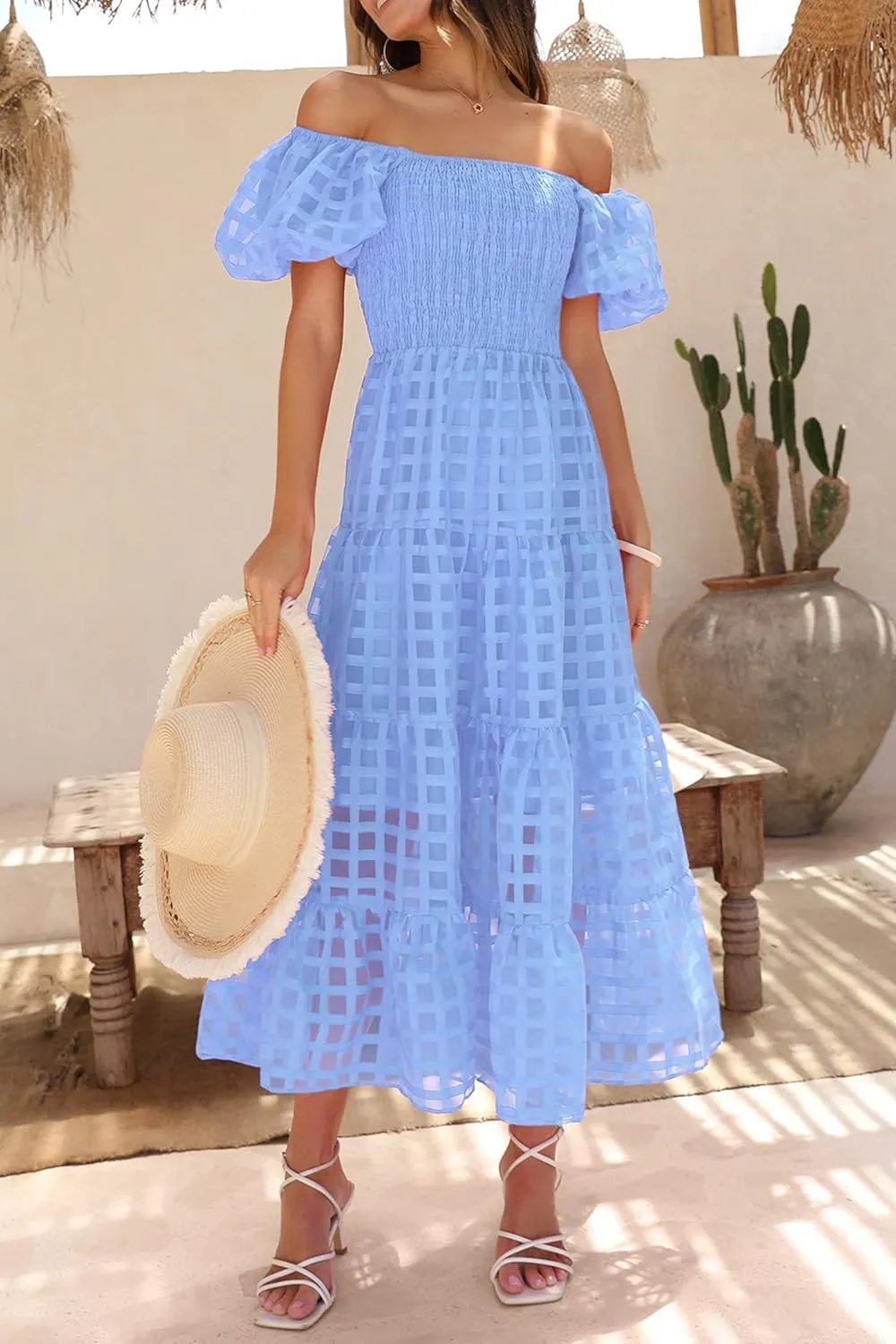 PRETTYGARDEN Women's Casual Summer Dress Puffy Short Sleeve Square Neck Smocked Tiered A Line Maxi Long Dresses