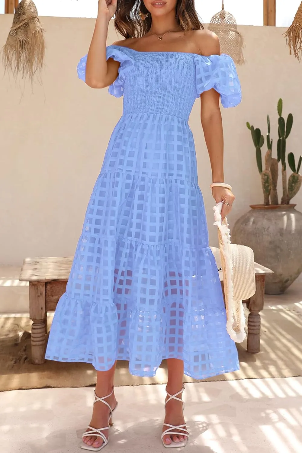 PRETTYGARDEN Women's Casual Summer Dress Puffy Short Sleeve Square Neck Smocked Tiered A Line Maxi Long Dresses