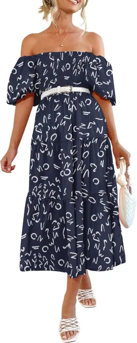 PRETTYGARDEN Women's Casual Summer Dress Puffy Short Sleeve Square Neck Smocked Tiered A Line Maxi Long Dresses