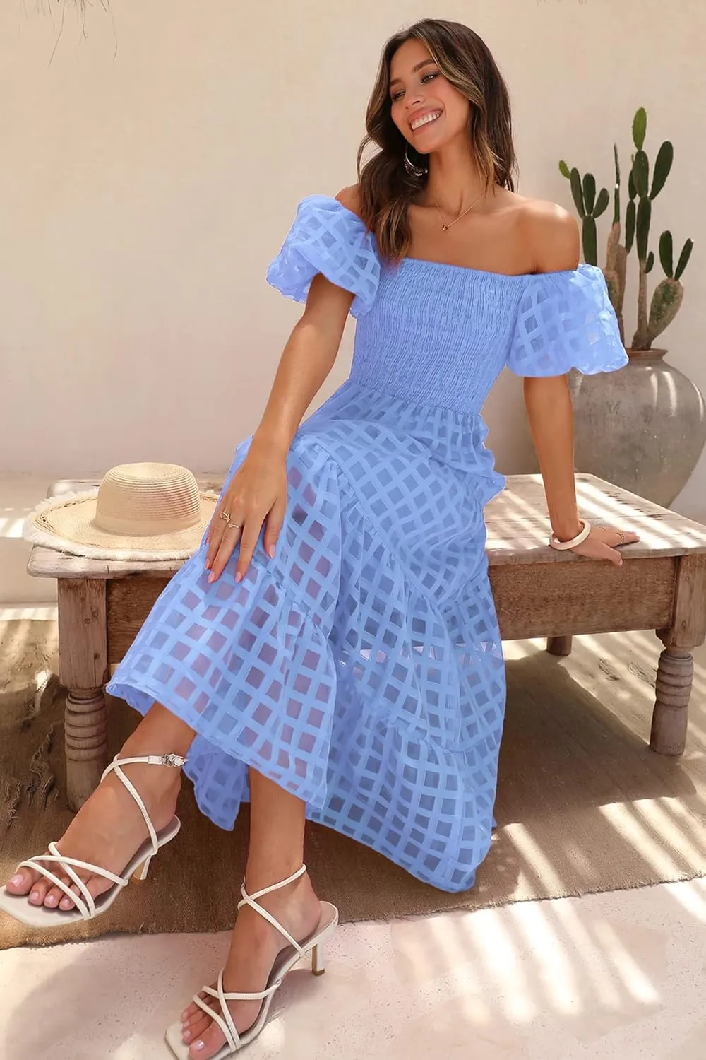 PRETTYGARDEN Women's Casual Summer Dress Puffy Short Sleeve Square Neck Smocked Tiered A Line Maxi Long Dresses