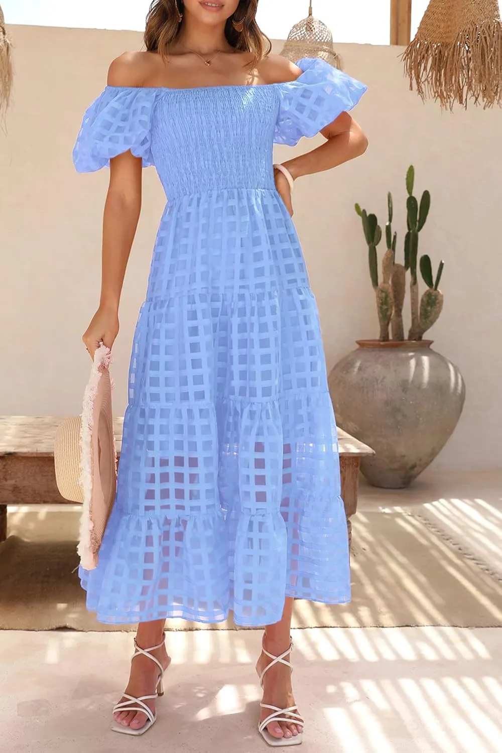 PRETTYGARDEN Women's Casual Summer Dress Puffy Short Sleeve Square Neck Smocked Tiered A Line Maxi Long Dresses