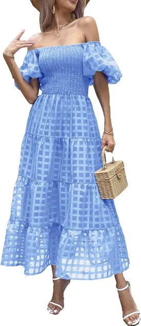 PRETTYGARDEN Women's Casual Summer Dress Puffy Short Sleeve Square Neck Smocked Tiered A Line Maxi Long Dresses