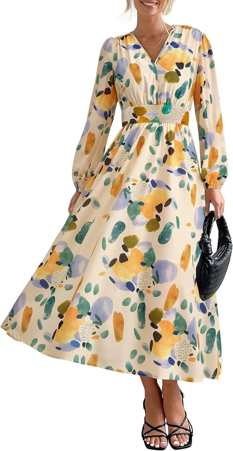 PRETTYGARDEN Women's Spring Floral Midi Dress Fall Long Sleeve V Neck Flowy Casual Beach Vacation Wedding Guest Dresses