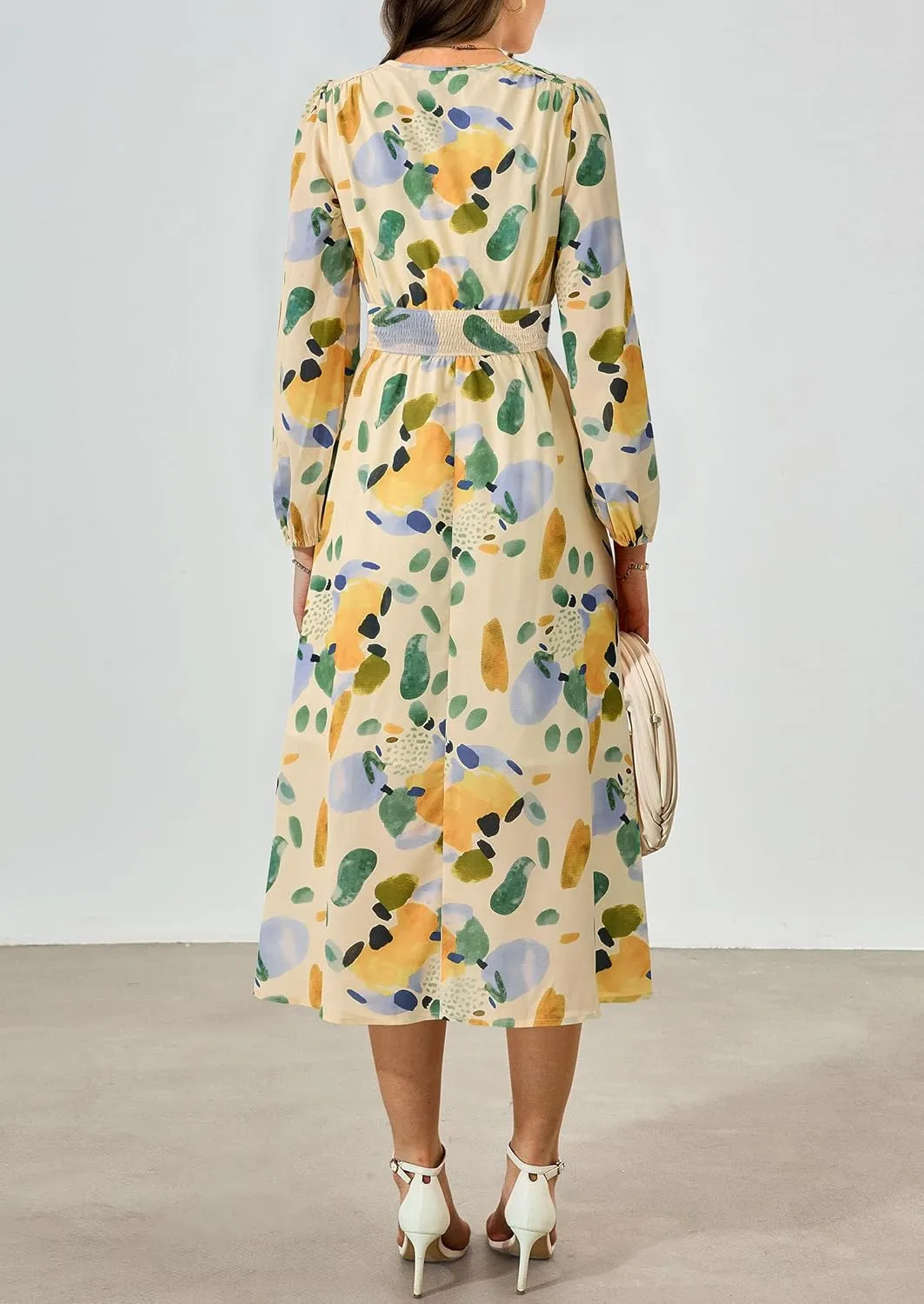 PRETTYGARDEN Women's Spring Floral Midi Dress Fall Long Sleeve V Neck Flowy Casual Beach Vacation Wedding Guest Dresses