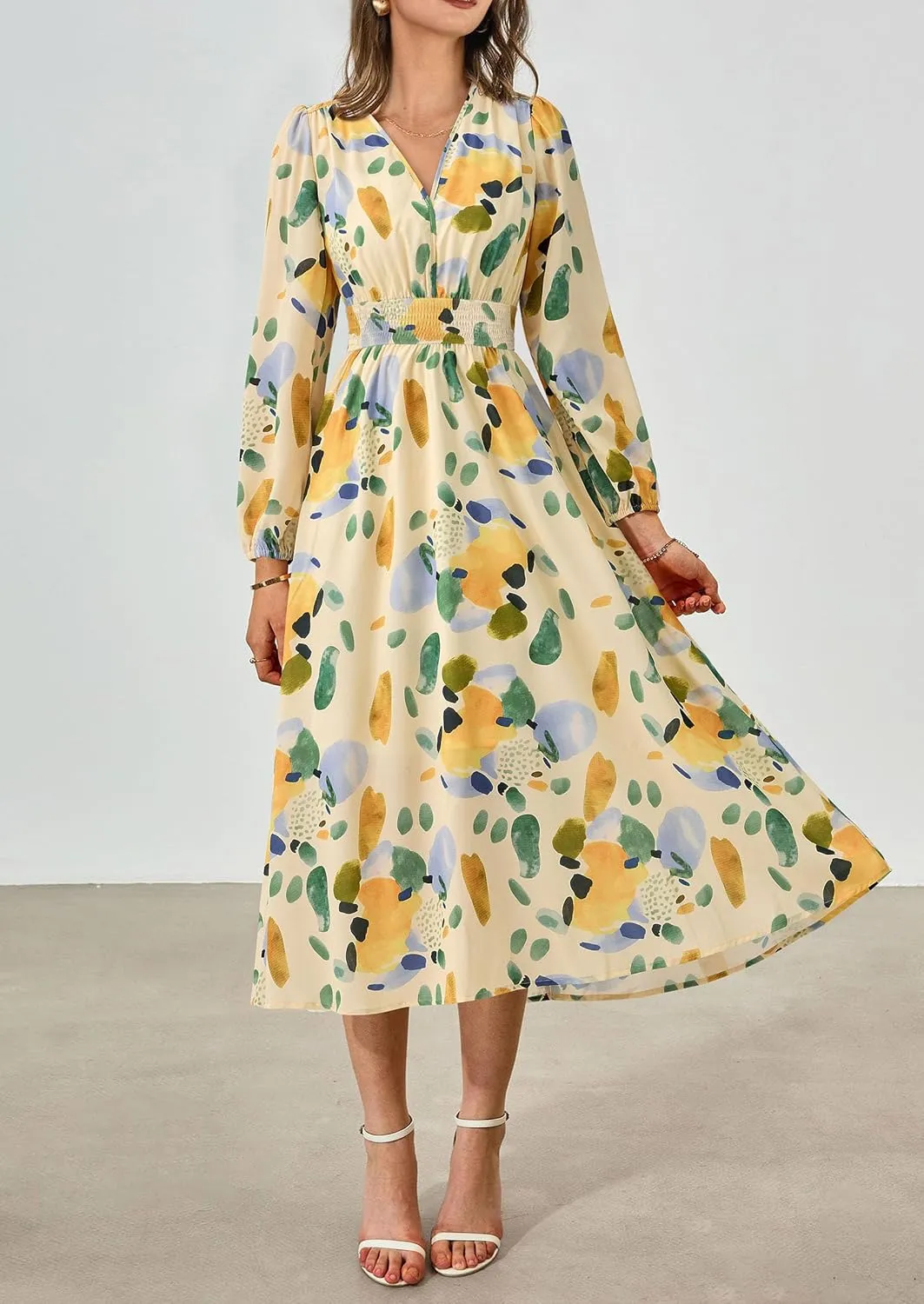 PRETTYGARDEN Women's Spring Floral Midi Dress Fall Long Sleeve V Neck Flowy Casual Beach Vacation Wedding Guest Dresses