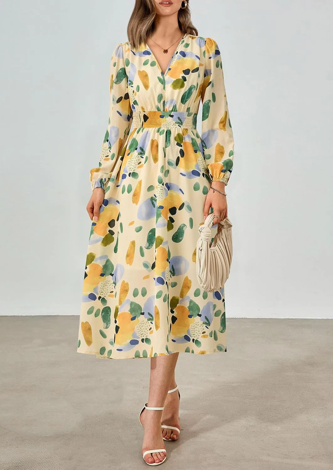 PRETTYGARDEN Women's Spring Floral Midi Dress Fall Long Sleeve V Neck Flowy Casual Beach Vacation Wedding Guest Dresses