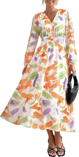PRETTYGARDEN Women's Spring Floral Midi Dress Fall Long Sleeve V Neck Flowy Casual Beach Vacation Wedding Guest Dresses