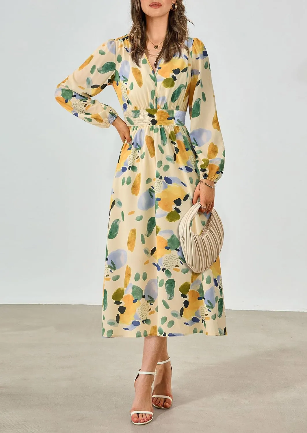 PRETTYGARDEN Women's Spring Floral Midi Dress Fall Long Sleeve V Neck Flowy Casual Beach Vacation Wedding Guest Dresses