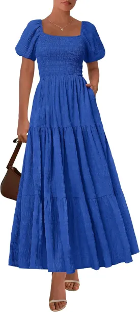 PRETTYGARDEN Womens Summer Puff Short Sleeve Maxi Dress Square Neck Smocked Tiered Ruffle A Line Long Flowy Beach Dresses