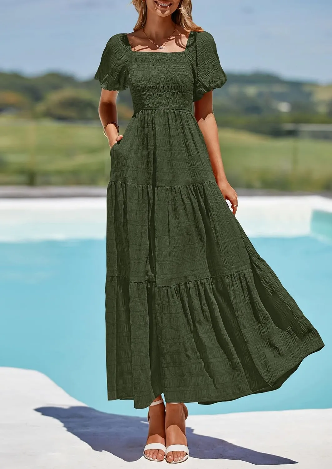 PRETTYGARDEN Womens Summer Puff Short Sleeve Maxi Dress Square Neck Smocked Tiered Ruffle A Line Long Flowy Beach Dresses
