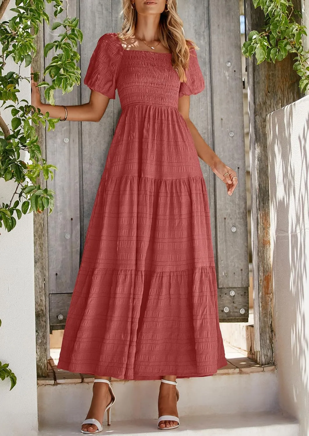 PRETTYGARDEN Womens Summer Puff Short Sleeve Maxi Dress Square Neck Smocked Tiered Ruffle A Line Long Flowy Beach Dresses