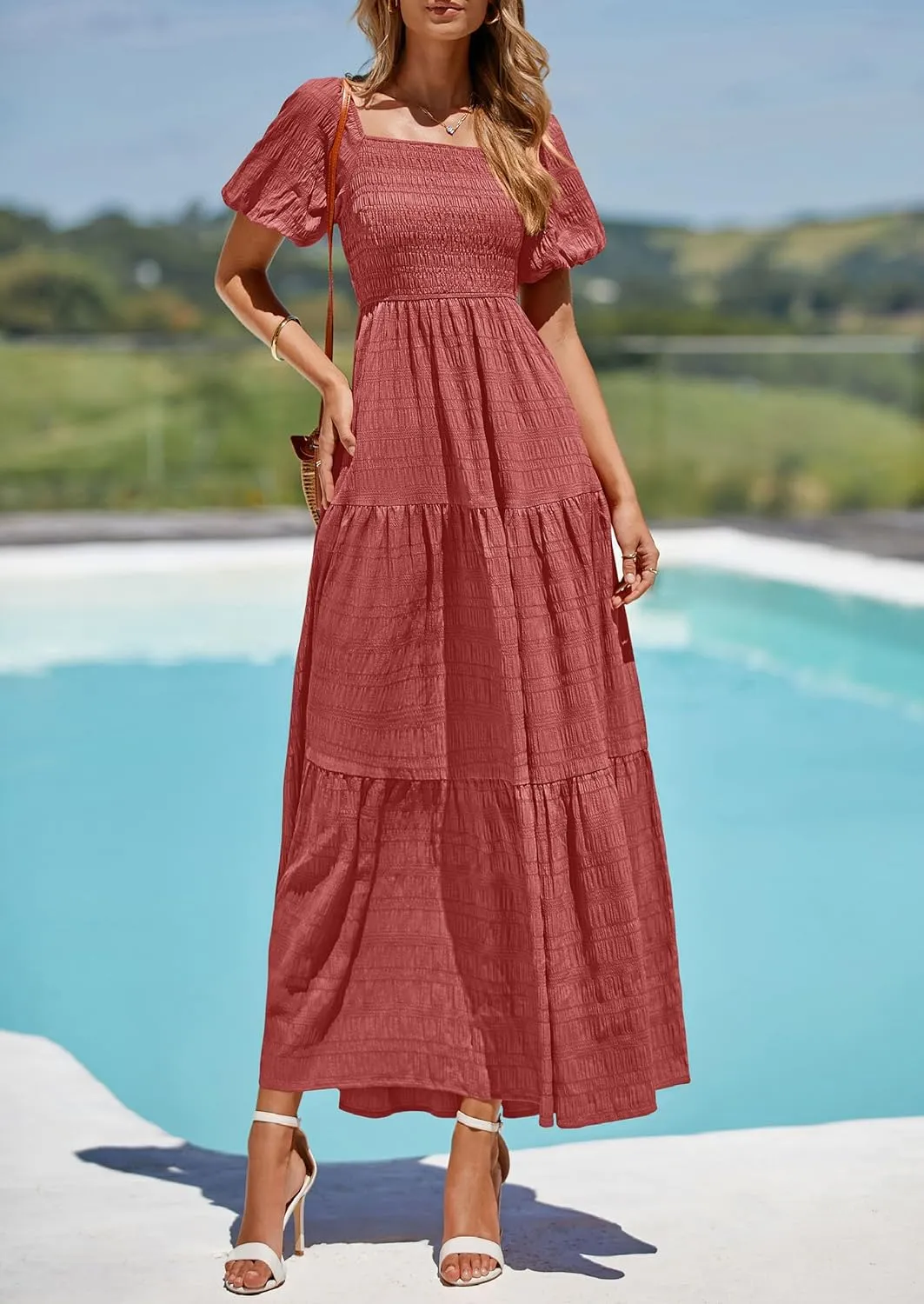 PRETTYGARDEN Womens Summer Puff Short Sleeve Maxi Dress Square Neck Smocked Tiered Ruffle A Line Long Flowy Beach Dresses
